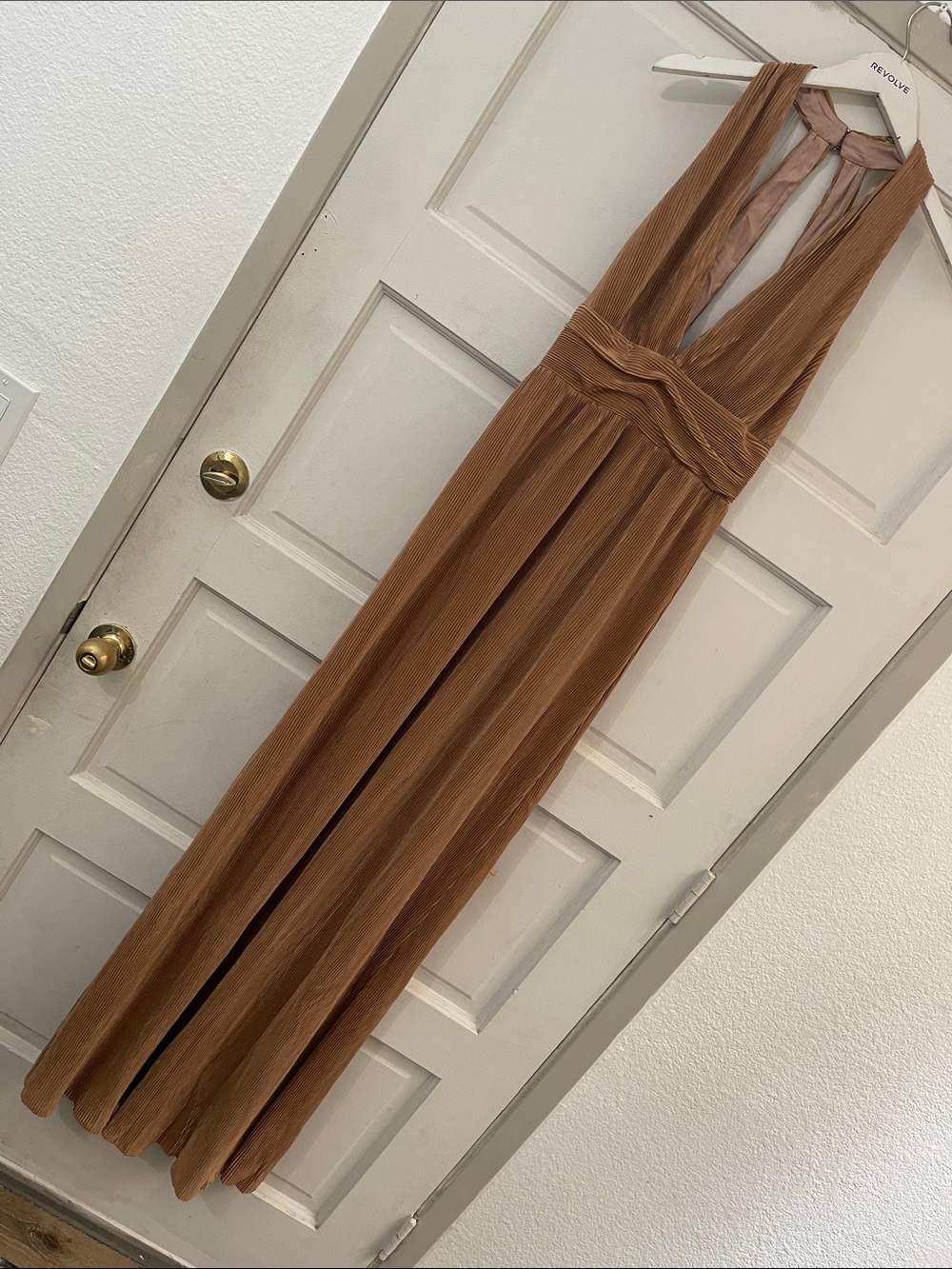 MAJORELLE One-Shoulder Pleated Maxi Dress in Warm Camel Brown , The Nicole Gown